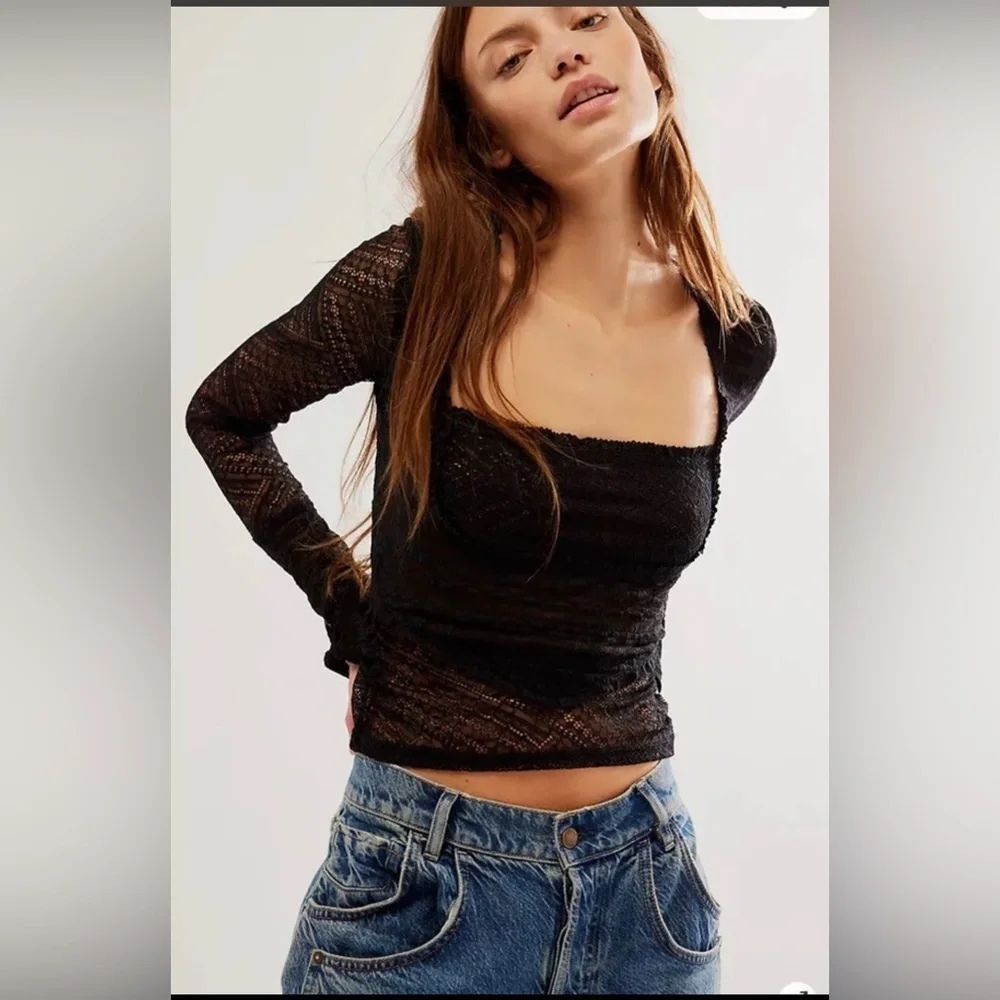 Free People My Party Lace Square Neck black Long Sleeve Top size large brand new